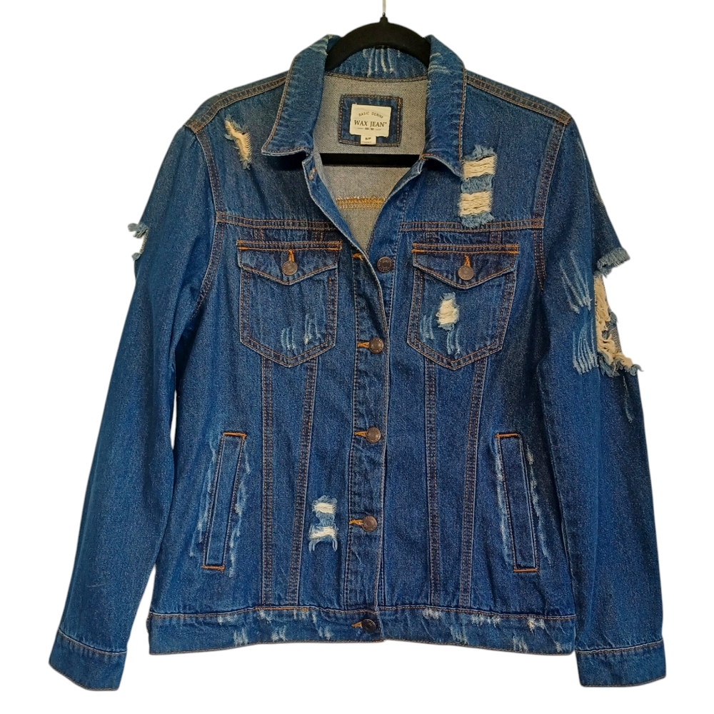 WAX JEAN Basic Denim Distressed Thrashed Button Front Blue Denim Jean Jacket S